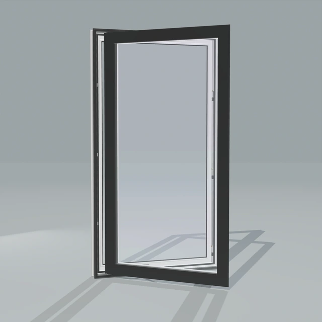 Angled exterior view of a black casement window, open 45 degrees, rendered from the Panes 3D configurator