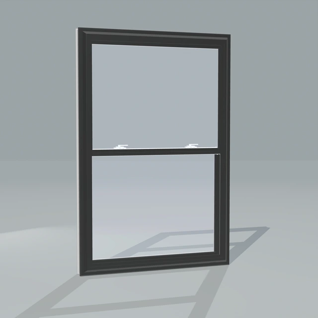 Angled exterior view of a black double hung window, rendered from the Panes 3D configurator