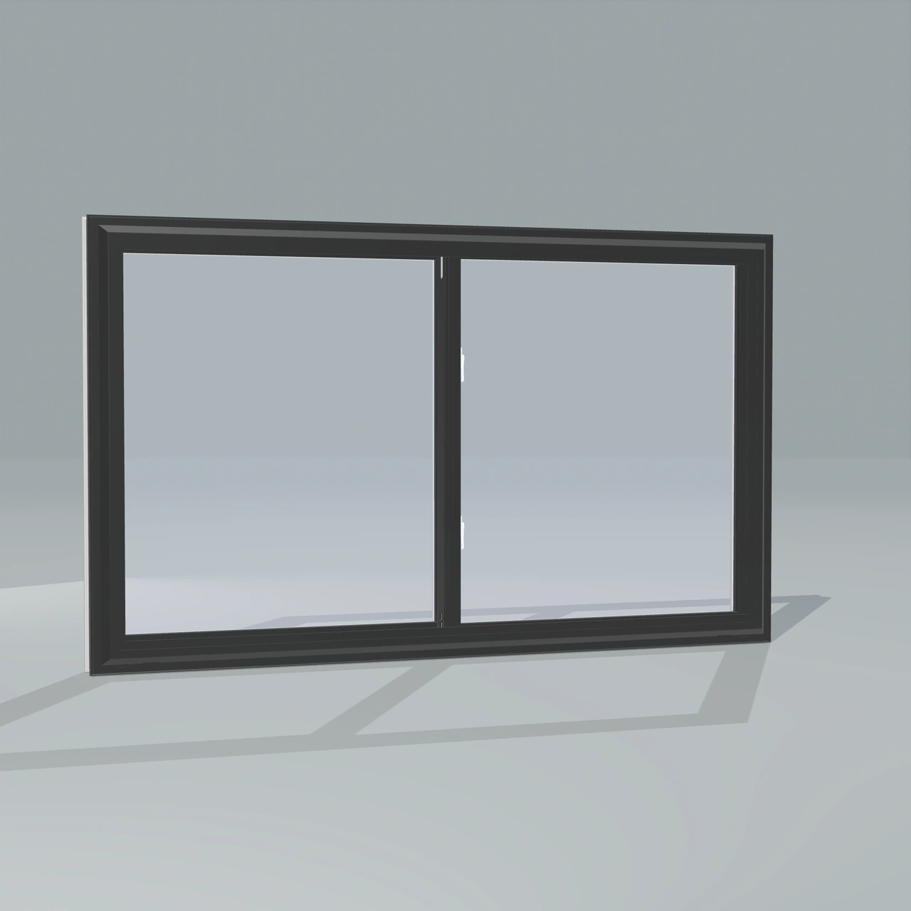 Angled exterior view of a black double slider window, rendered from the Panes 3D configurator