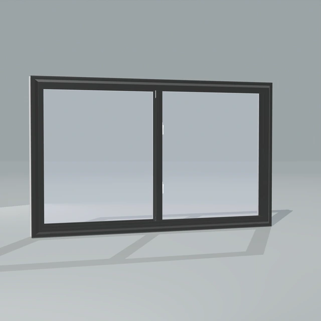 Angled exterior view of a black double slider window, rendered from the Panes 3D configurator