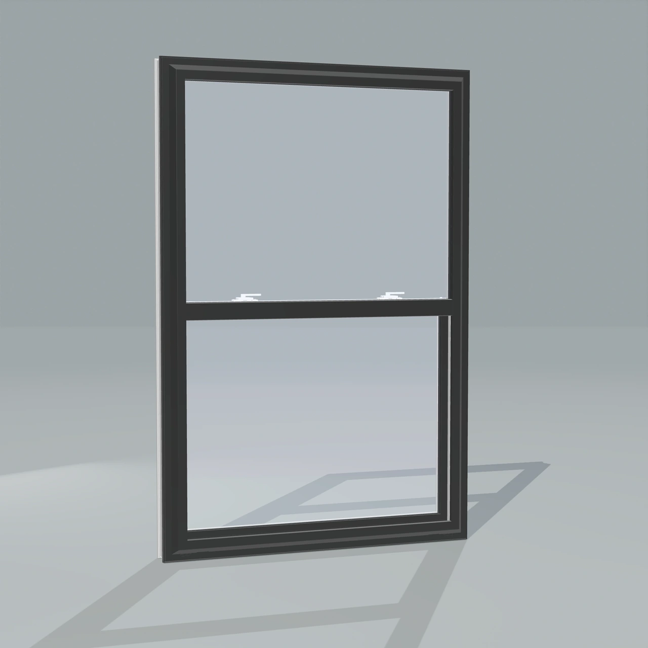 Angled exterior view of a black single hung window, rendered from the Panes 3D configurator