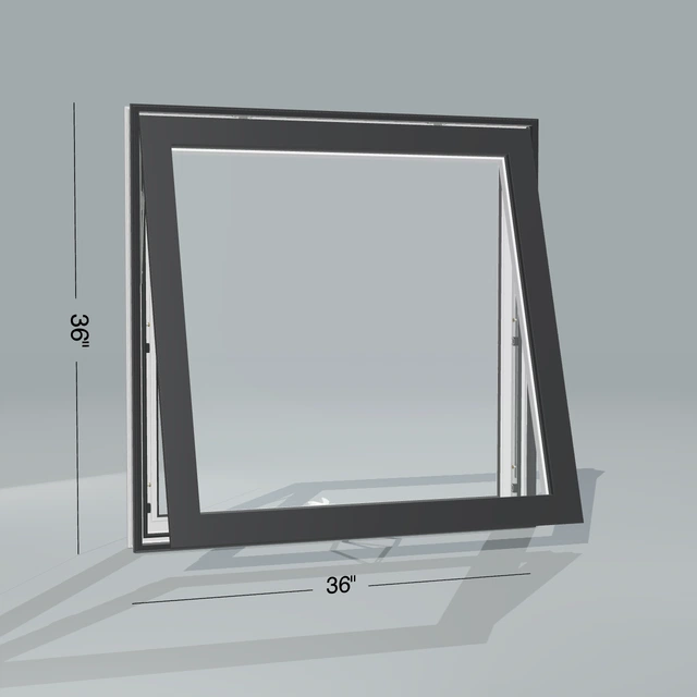 Angled exterior configurator view of the 36 × 36 inch awning, black exterior / white interior, without nailing flange, awning sash fully open