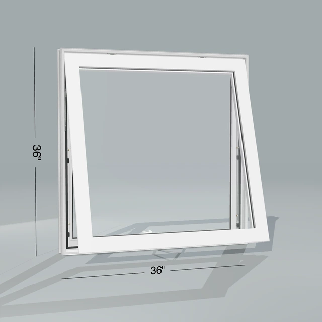 Angled exterior configurator view of the 36 × 36 inch awning, white exterior / white interior, without nailing flange, awning sash fully open