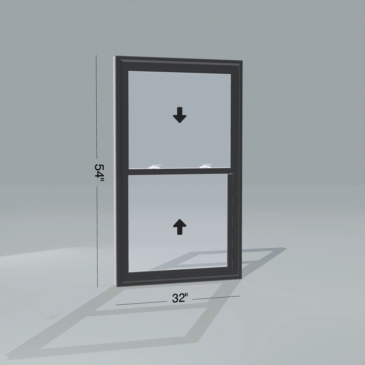 Panes configurator rendering of a closed 32 × 54 inch double-hung window with black exterior, white interior and no nailing flange