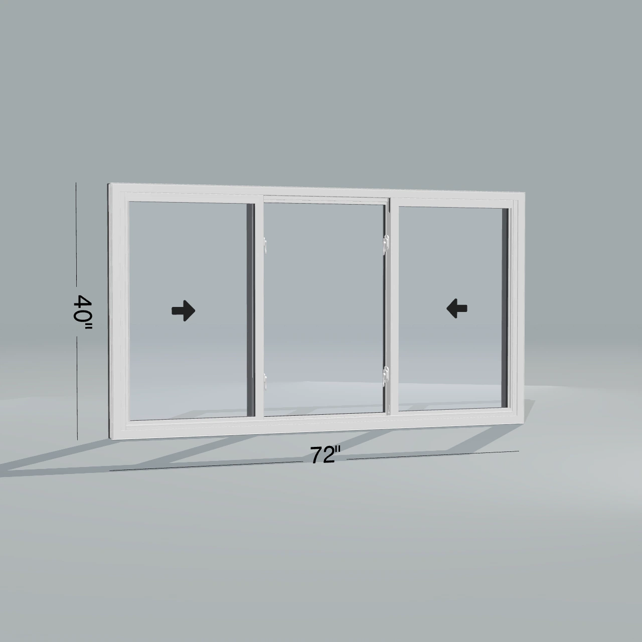 Room-side Panes configurator rendering of the same 72 × 40 inch end-vent slider window with white interior and no nailing flange