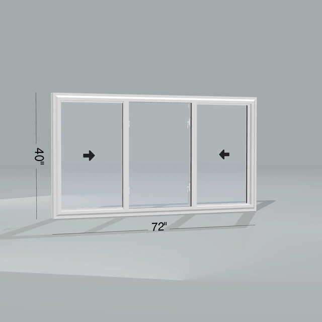 Angled exterior configurator view of the 72 × 40 inch end vent slider, white exterior / white interior, without nailing flange