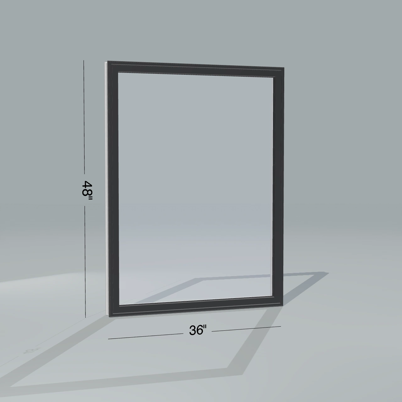 Panes configurator rendering of a fixed 36 × 48 inch picture window with black exterior, white interior and no nailing flange