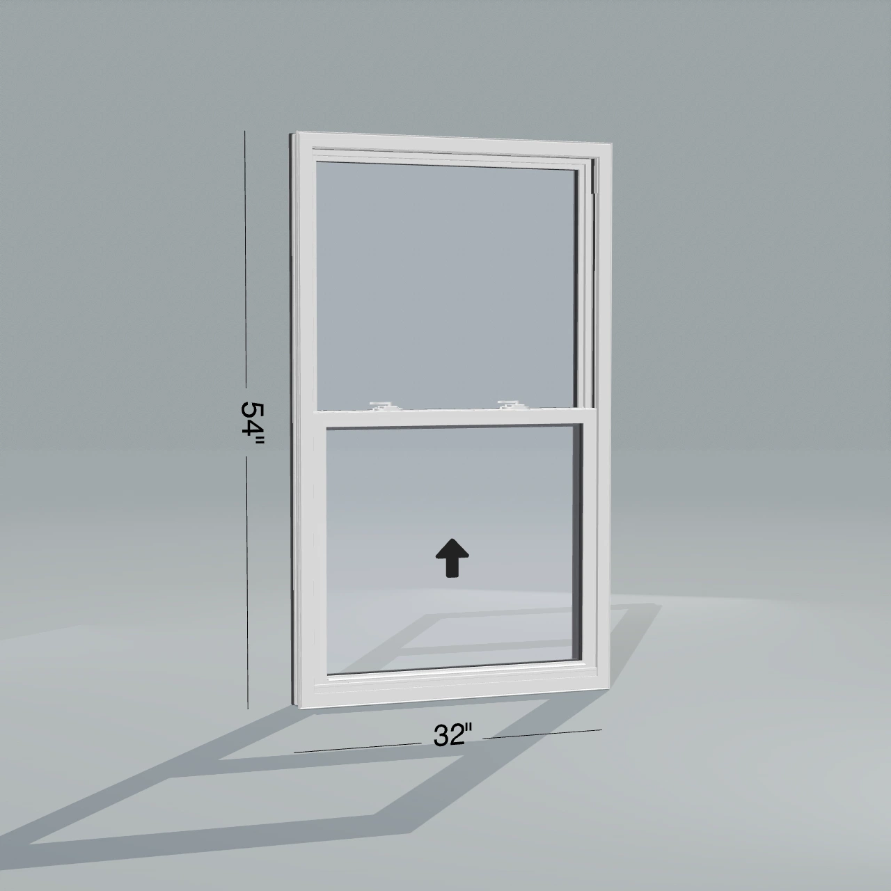 Room-side Panes configurator rendering of the same 32 × 54 inch single-hung window with white interior and no nailing flange
