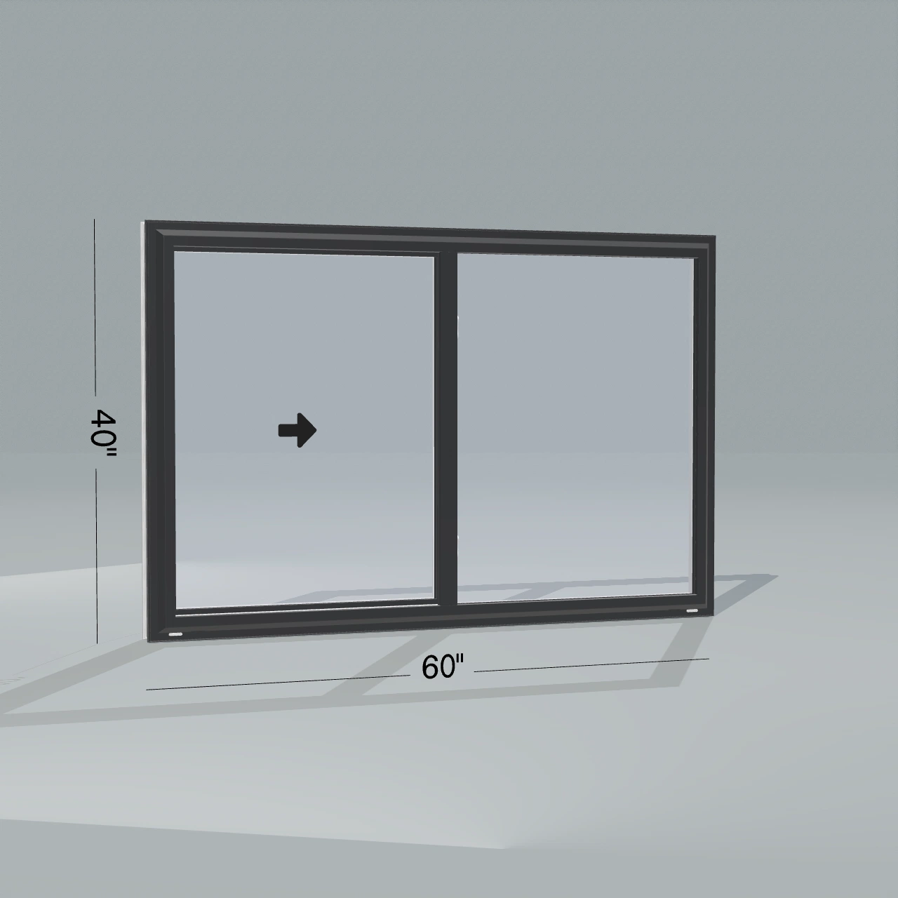 Panes configurator rendering of a closed 60 × 40 inch single slider window with black exterior, white interior and no nailing flange