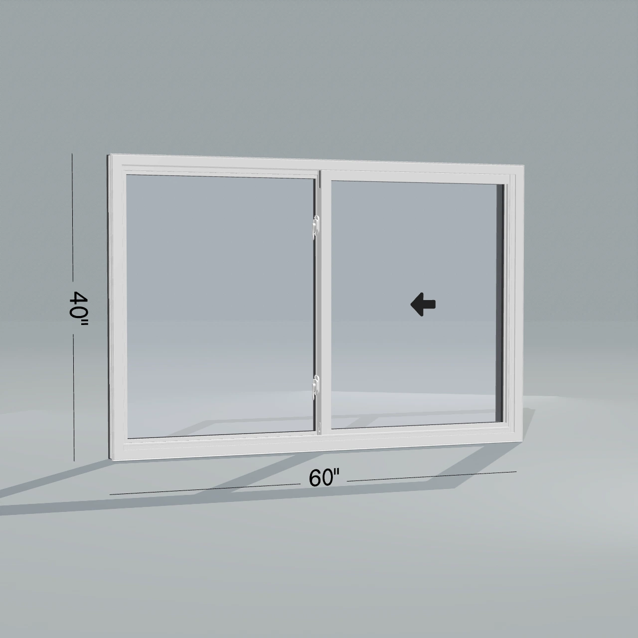 Room-side Panes configurator rendering of the same 60 × 40 inch single slider window with white interior and no nailing flange