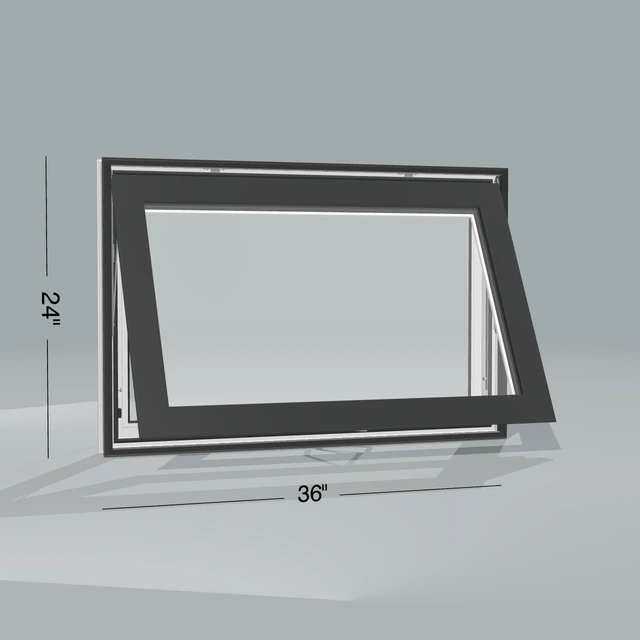 Angled exterior view of a black awning window, fully open, 36 by 24 inch frame with dimension lines, rendered from the Panes 3D configurator