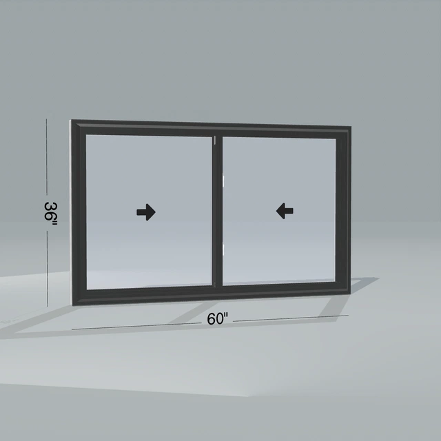Angled exterior view of a black double slider window, 60 by 36 inch frame with dimension lines, arrows show opening directions, rendered from the Panes 3D configurator