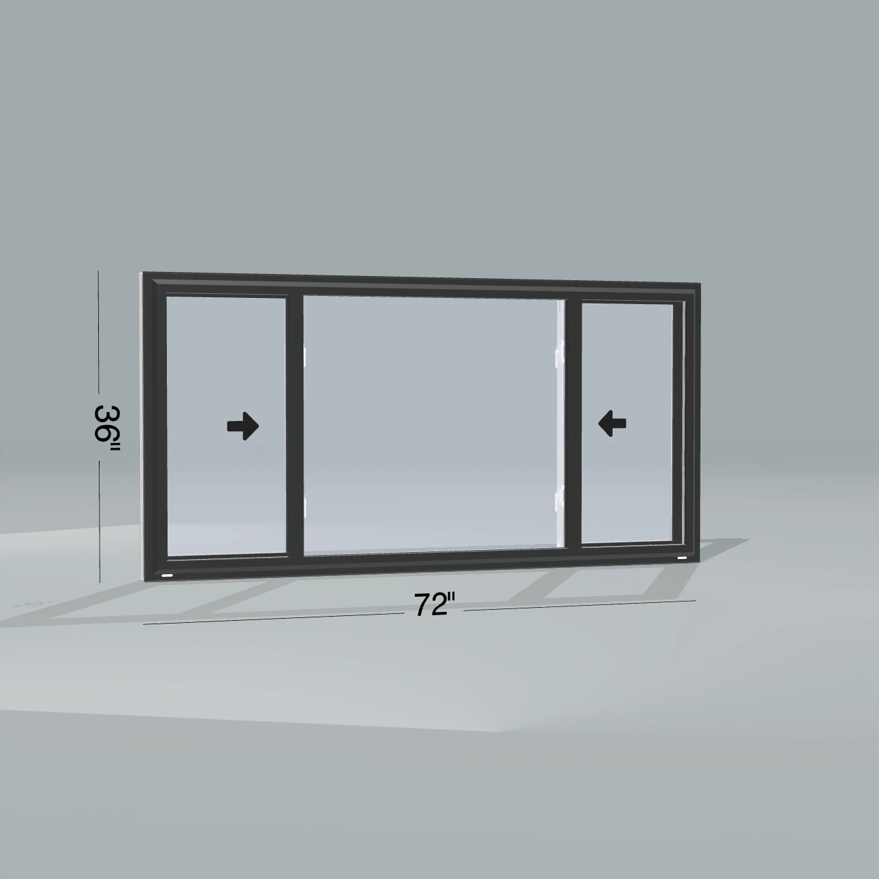 Angled exterior view of a black endvent slider window, 72 by 36 inch frame with dimension lines, arrows show opening directions, rendered from the Panes 3D configurator