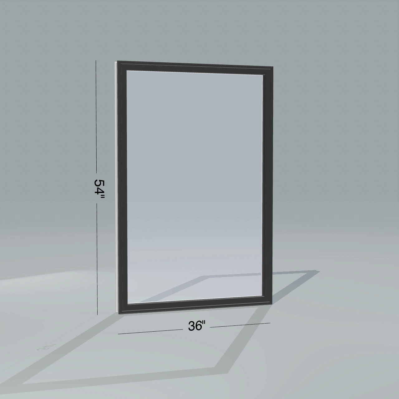 Angled exterior view of a black picture window, 36 by 54 inch frame with dimension lines, rendered from the Panes 3D configurator