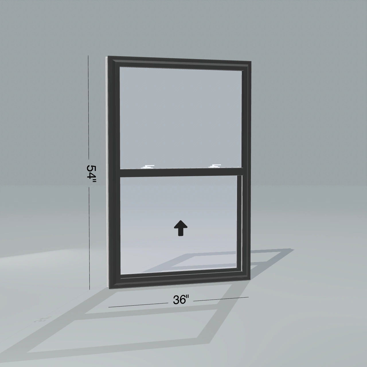 Angled exterior view of a black single hung window, 36 by 54 inch frame with dimension lines, arrows show opening directions, rendered from the Panes 3D configurator